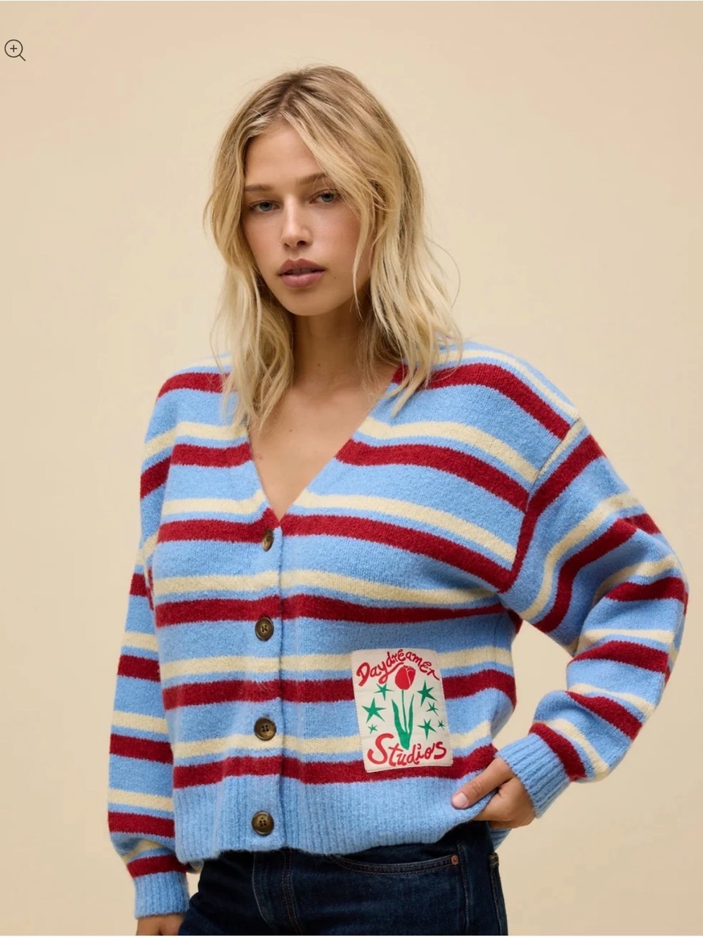 Daydreamer Stripe Boxy knit Light Blue, Red Striped V-Neck Cardigan